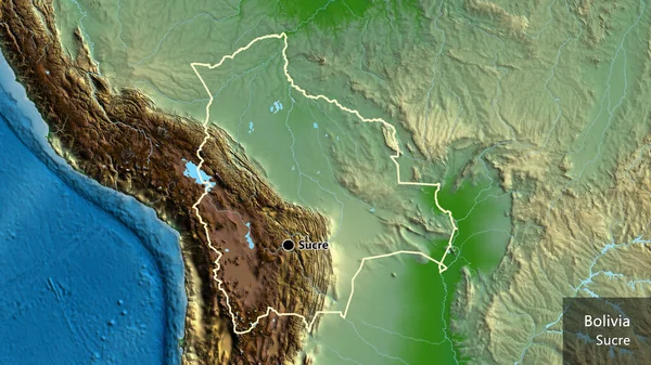 物理的な地図上のボリビア国境地域のクローズアップ 資本ポイント 国の形の周りの概要 英名国とその首都 — ストック写真