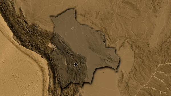 Närbild Bolivias Gränsområde Med Ett Mörkt Överdrag Sepiahöjdskarta Huvudpunkt Skalade — Stockfoto