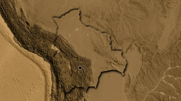 セピア標高地図上のボリビア国境地帯の閉鎖 資本ポイント 国の形の縁が隠されている — ストック写真