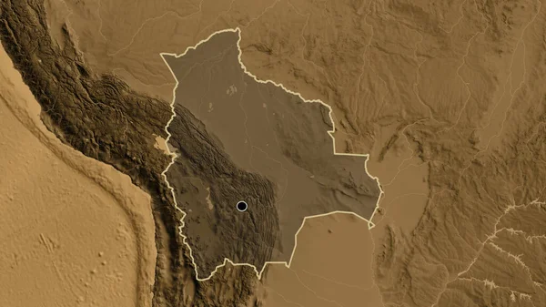 Närbild Bolivias Gränsområde Med Ett Mörkt Överdrag Sepiahöjdskarta Huvudpunkt Skissera — Stockfoto