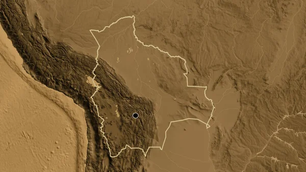 Närbild Bolivias Gränsområde Sepiahöjdskarta Huvudpunkt Skissera Runt Landet Form — Stockfoto