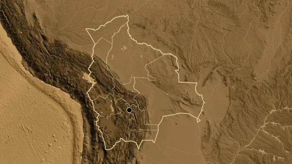 Close Área Fronteiriça Bolívia Suas Fronteiras Regionais Mapa Elevação Sépia — Fotografia de Stock