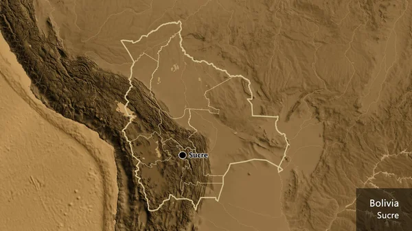 Close Bolivia Border Area Its Regional Borders Sepia Elevation Map — Stock Photo, Image
