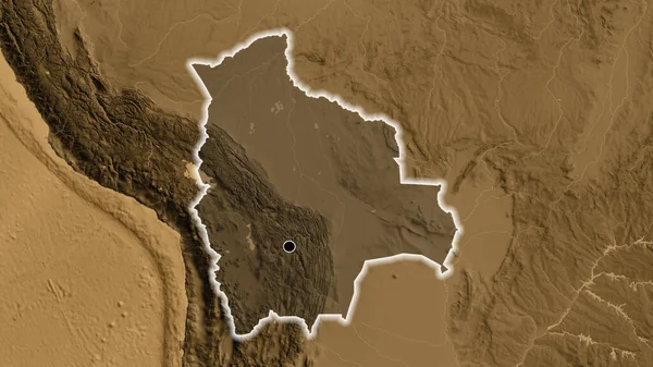 ボリビア国境地域のクローズアップは セピアの標高地図上の暗いオーバーレイで強調表示されます 資本ポイント 全国に光る — ストック写真