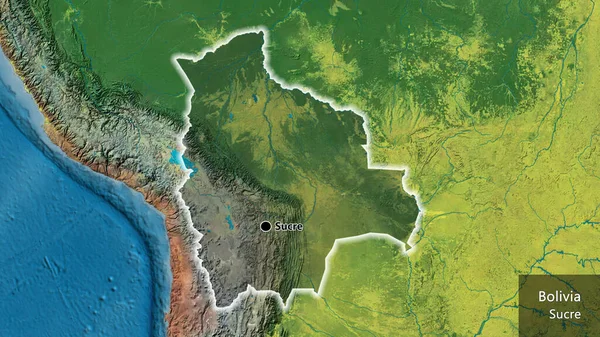 玻利维亚边境地区的特写镜头 用地形图上的黑暗覆盖突出显示 资本点 风靡全国各地 国家及其首都的英文名称 — 图库照片