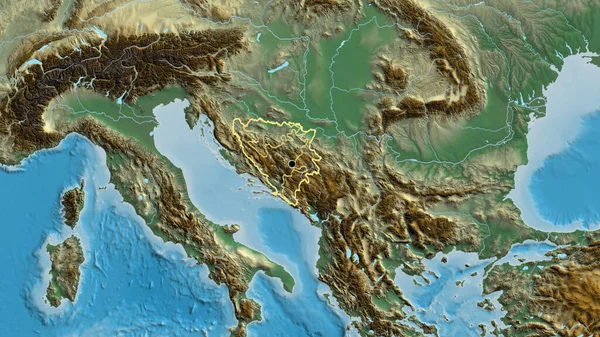 在一张救济地图上对波斯尼亚和黑塞哥维那边境地区及其区域边界进行了密切监视 资本点 国家形貌概述 — 图库照片
