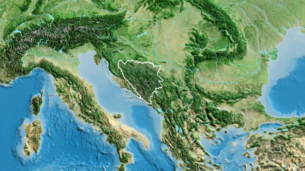 波斯尼亚和黑塞哥维那边境地区的特写镜头 用卫星地图上的黑暗阴影突出显示 资本点 国家形貌概述 — 图库照片