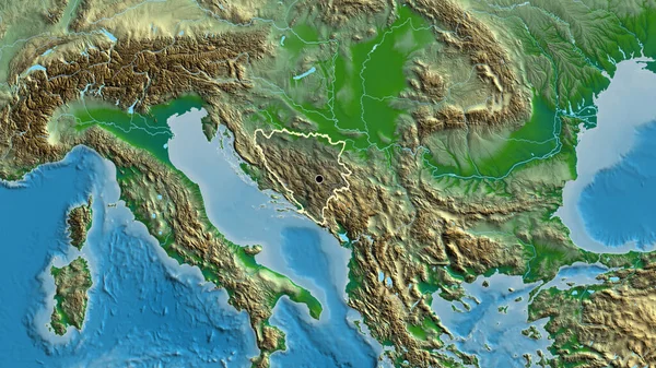 在波斯尼亚和黑塞哥维那边境地区进行的近距离调查显示 在一张地形图上有一个黑暗的阴影 资本点 国家形貌概述 — 图库照片