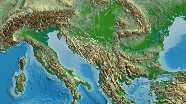 在一张实景地图上对波斯尼亚和黑塞哥维那边境地区及其区域边界进行密切监视 资本点 国家形貌概述 — 图库照片