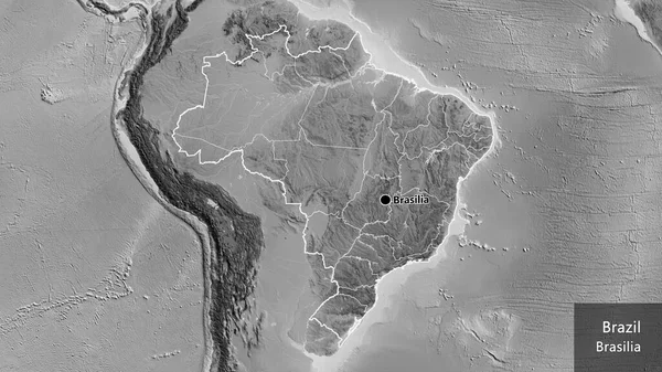Närbild Brasiliens Gränsområde Grå Karta Huvudpunkt Runt Landet Landets Engelska — Stockfoto