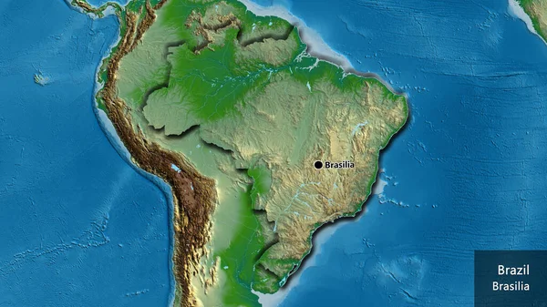 在实际地图上对巴西边境地区进行的密切监视 资本点 这个国家的边缘呈斜角状 国家及其首都的英文名称 — 图库照片