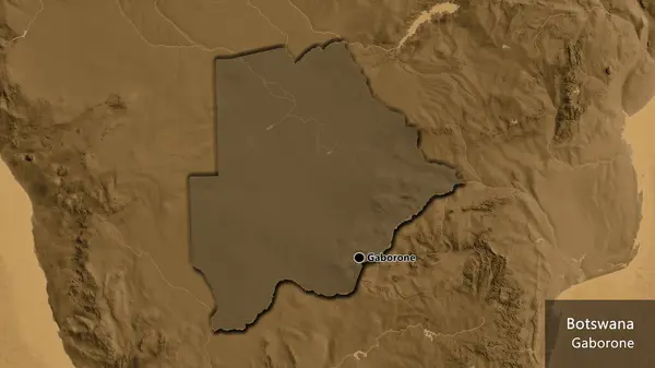 Närbild Botswanas Gränsområde Med Ett Mörkt Överdrag Karta Över Sepiahöjder — Stockfoto