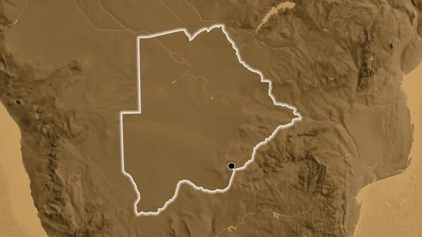 Närbild Botswanas Gränsområde Sepiahöjdskarta Huvudpunkt Glow Runt Landet Form — Stockfoto
