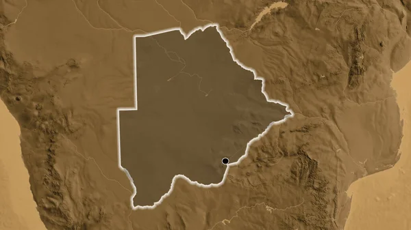 Närbild Botswanas Gränsområde Med Ett Mörkt Överdrag Karta Över Sepiahöjder — Stockfoto