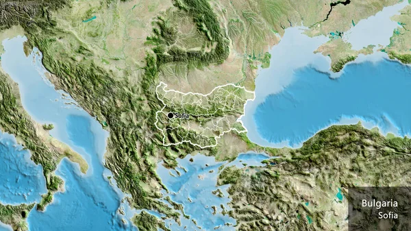 在卫星地图上对保加利亚边境地区及其区域边界进行密切监视 资本点 概略地描述一下国家的面貌 国家及其首都的英文名称 — 图库照片