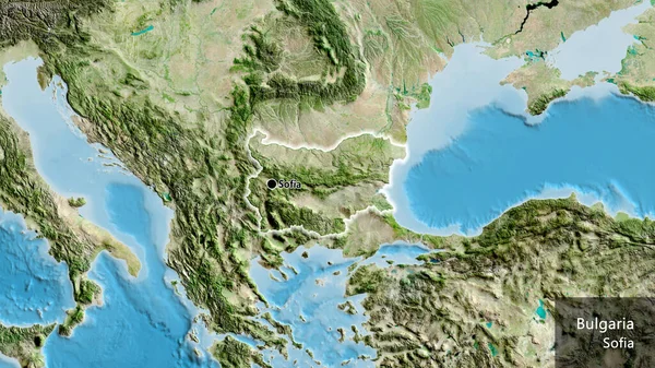 保加利亚边境地区的特写镜头 用卫星地图上的黑暗阴影突出显示 资本点 风靡全国各地 国家及其首都的英文名称 — 图库照片