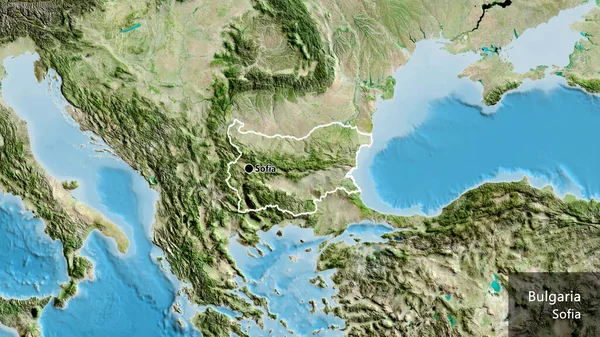 保加利亚边境地区的特写镜头 用卫星地图上的黑暗阴影突出显示 资本点 概略地描述一下国家的面貌 国家及其首都的英文名称 — 图库照片