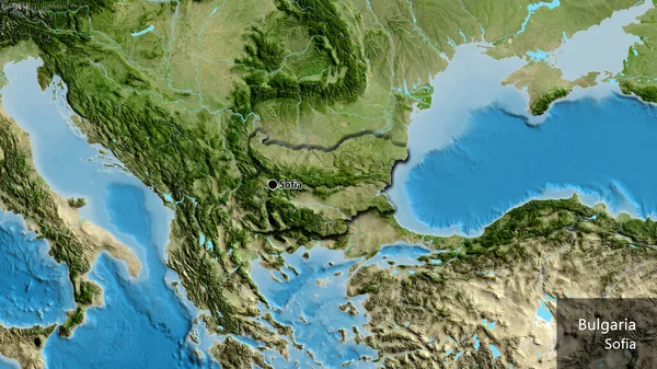 保加利亚边境地区的特写镜头 用卫星地图上的黑暗阴影突出显示 资本点 这个国家的边缘呈斜角状 国家及其首都的英文名称 — 图库照片