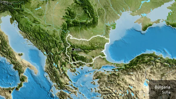 保加利亚边境地区的特写镜头 用卫星地图上的黑暗阴影突出显示 资本点 风靡全国各地 国家及其首都的英文名称 — 图库照片