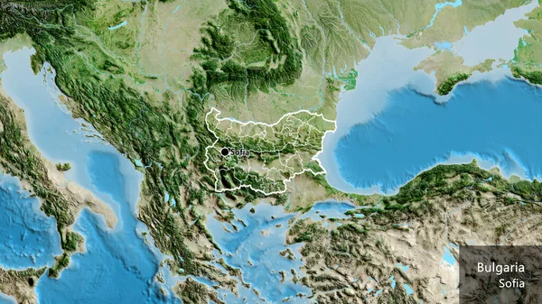 在卫星地图上对保加利亚边境地区及其区域边界进行密切监视 资本点 概略地描述一下国家的面貌 国家及其首都的英文名称 — 图库照片