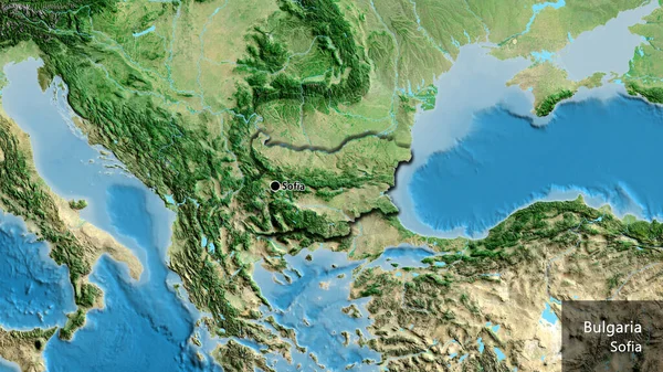 卫星地图上保加利亚边境地区的特写 资本点 这个国家的边缘呈斜角状 国家及其首都的英文名称 — 图库照片