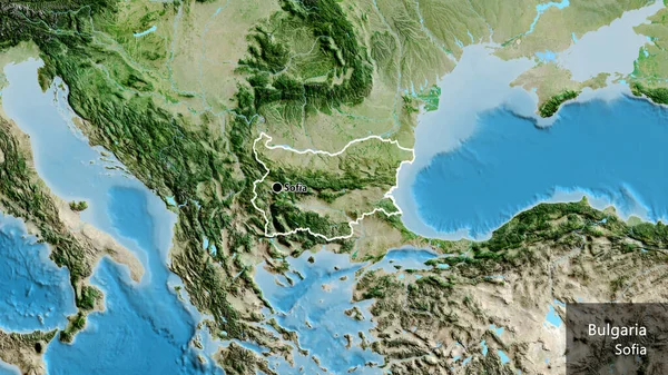 保加利亚边境地区的特写镜头 用卫星地图上的黑暗阴影突出显示 资本点 概略地描述一下国家的面貌 国家及其首都的英文名称 — 图库照片
