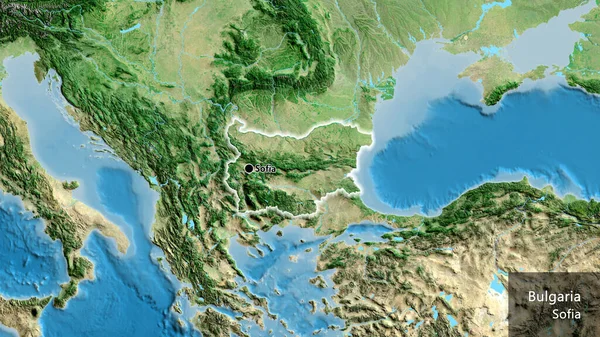 衛星地図上のブルガリア国境地帯の閉鎖 資本ポイント 国の形の周りに光る 英名国とその首都 — ストック写真