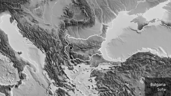 保加利亚边境地区的特写镜头 以灰度地图上的黑暗覆盖为重点 资本点 概略地描述一下国家的面貌 国家及其首都的英文名称 — 图库照片