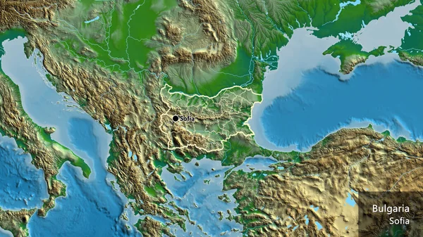 在实际地图上对保加利亚边境地区及其区域边界进行的密切监视 资本点 概略地描述一下国家的面貌 国家及其首都的英文名称 — 图库照片