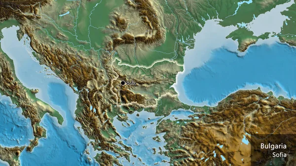 Nahaufnahme Des Bulgarischen Grenzgebiets Auf Einer Reliefkarte Kapitalpunkt Überall Land — Stockfoto