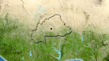 Burkina Faso sınır bölgesinin uydu haritası üzerinde yakın çekim. Ana nokta. Ülkenin kıvrımlı kenarları. 