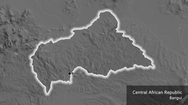 Bilek haritasında Orta Afrika Cumhuriyeti sınırına yakın plan. Ana nokta. Ülke çapında parıldıyor. Ülkenin ve başkentinin İngilizce adı