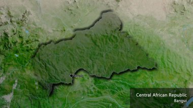 Orta Afrika Cumhuriyeti sınır bölgesinin uydu haritasında koyu bir örtüyle işaretlenmiş yakın çekimi. Ana nokta. Kırsal kesimin kıvrımlı kenarları. Ülkenin ve başkentinin İngilizce adı
