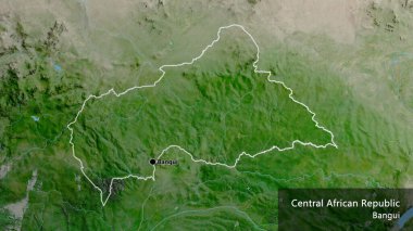 Orta Afrika Cumhuriyeti sınır bölgesinin uydu haritası üzerinde yakın plan. Ana nokta. Ülke çapında bir taslak oluşturun. Ülkenin ve başkentinin İngilizce adı