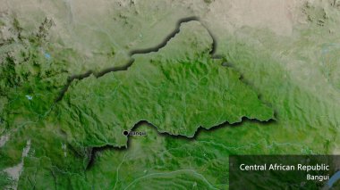 Orta Afrika Cumhuriyeti sınır bölgesinin uydu haritası üzerinde yakın plan. Ana nokta. Kırsal kesimin kıvrımlı kenarları. Ülkenin ve başkentinin İngilizce adı