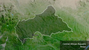 Orta Afrika Cumhuriyeti sınır bölgesinin uydu haritasında koyu bir örtüyle işaretlenmiş yakın çekimi. Ana nokta. Ülke çapında bir taslak oluşturun. Ülkenin ve başkentinin İngilizce adı
