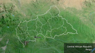 Orta Afrika Cumhuriyeti sınır bölgesinin ve bölgesel sınırlarının uydu haritasına yakın çekim. Ana nokta. Ülke çapında bir taslak oluşturun. Ülkenin ve başkentinin İngilizce adı