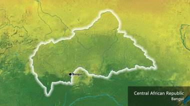 Bir topografik haritada Orta Afrika Cumhuriyeti sınır bölgesinin yakın çekimleri. Ana nokta. Ülke çapında parıldıyor. Ülkenin ve başkentinin İngilizce adı