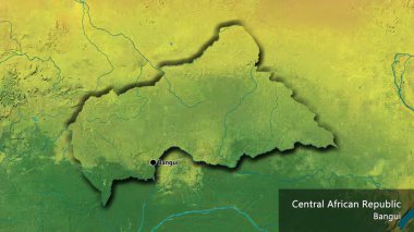 Bir topografik haritada Orta Afrika Cumhuriyeti sınır bölgesinin yakın çekimleri. Ana nokta. Kırsal kesimin kıvrımlı kenarları. Ülkenin ve başkentinin İngilizce adı
