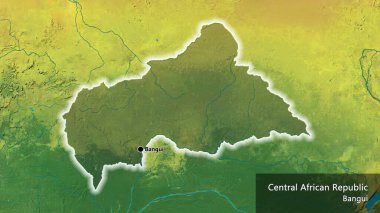 Orta Afrika Cumhuriyeti sınır bölgesinin bir topoğrafik haritada koyu bir örtüyle ışıklandırılması. Ana nokta. Ülke çapında parıldıyor. Ülkenin ve başkentinin İngilizce adı