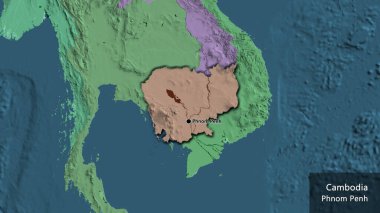 Kamboçya sınır bölgesinin bir idari haritada yakın plan görüntüsü. Ana nokta. Kırsal kesimin kıvrımlı kenarları. Ülkenin ve başkentinin İngilizce adı