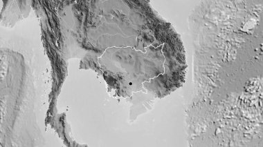 Kamboçya sınır bölgesinin yakın çekimleri gri tonlu bir haritada. Ana nokta. Ülke şekli etrafında özet geç. 