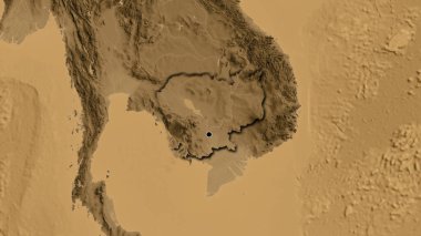 Kamboçya sınır bölgesinin yakınındaki sepya yüksekliği haritasında. Ana nokta. Ülkenin kıvrımlı kenarları. 