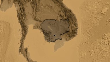 Kamboçya sınır bölgesinin yakınından, sepia yükseklik haritasında koyu bir örtüyle vurgulanıyor. Ana nokta. Ülkenin kıvrımlı kenarları. 