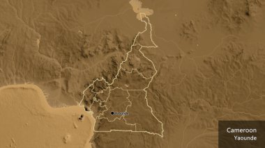 Bir sepia yükseklik haritası üzerinde, Cameroun sınır bölgesi ve bölgesel sınırlarına yakın çekim. Ana nokta. Ülke çapında bir taslak oluşturun. Ülkenin ve başkentinin İngilizce adı