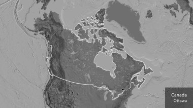 Kanada sınır bölgesinin bir bileklik haritasına yakın plan. Ana nokta. Ülke çapında bir taslak oluşturun. Ülkenin ve başkentinin İngilizce adı