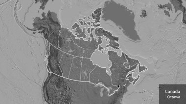 Kanada sınır bölgesinin ve onun bölgesel sınırlarının bir bileklik haritası üzerinde yakın çekimi. Ana nokta. Ülke çapında bir taslak oluşturun. Ülkenin ve başkentinin İngilizce adı