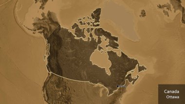 Kanada sınır bölgesinin yakınından, sepia yükseklik haritasında koyu bir örtüyle vurgulanıyor. Ana nokta. Ülke çapında bir taslak oluşturun. Ülkenin ve başkentinin İngilizce adı