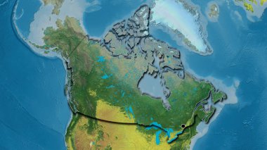 Bir topografik haritada Kanada sınır bölgesinin yakın çekimleri. Ana nokta. Ülkenin kıvrımlı kenarları. 
