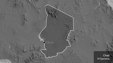 Çad sınır bölgesinin yakın çekimleri, bilek haritasında koyu bir örtüyle vurgulanıyor. Ana nokta. Ülke çapında bir taslak oluşturun. Ülkenin ve başkentinin İngilizce adı